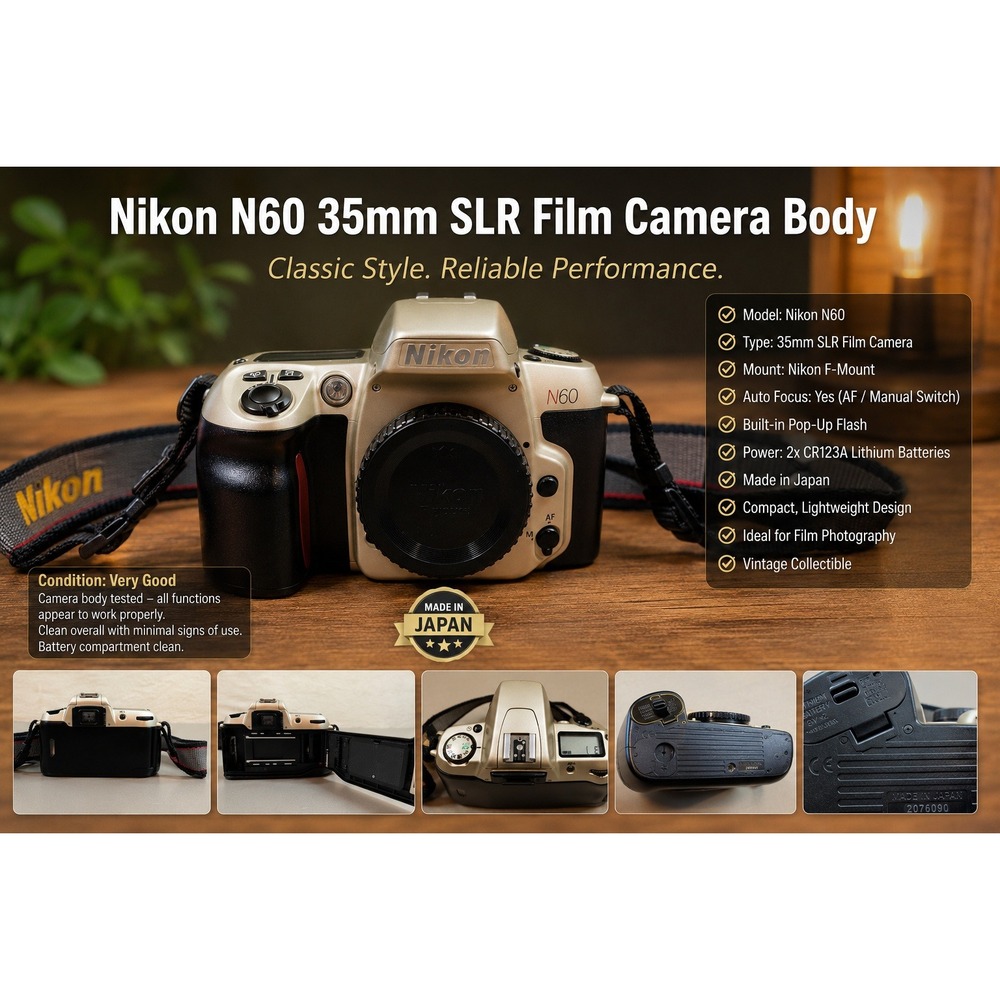 Nikon N60‎ 35mm SLR Film Camera Body Champagne Silver Made in Japan with Strap